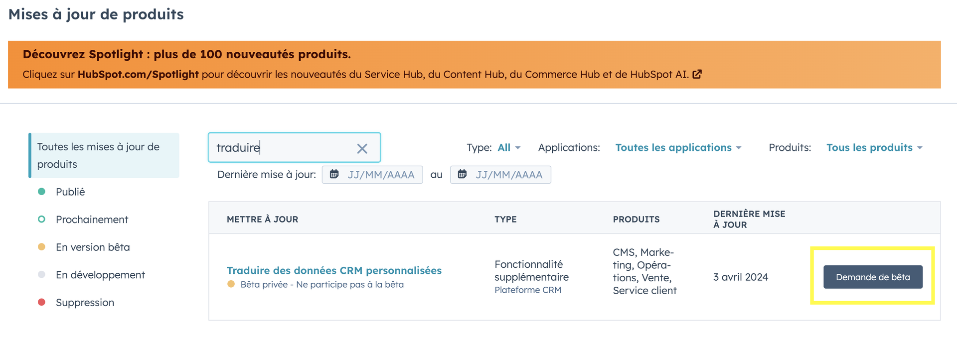 Activer la béta Traduire des données CRM personnalisées