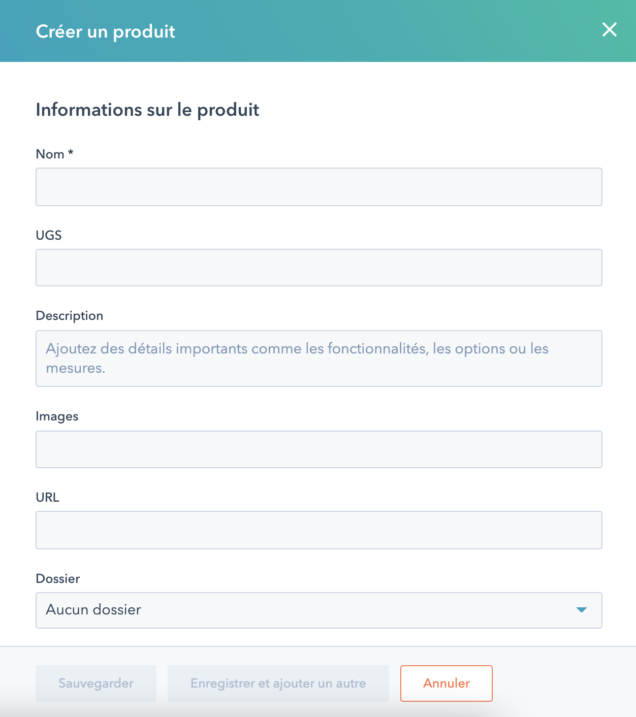 Information nécessaires pour créer un produit HubSpot