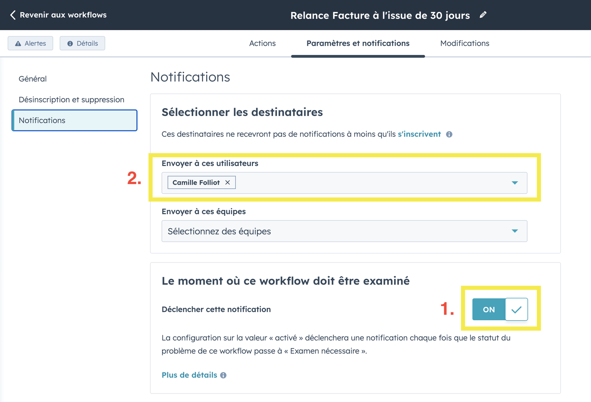 pamétrer son alerte de workflow HubSpot-1