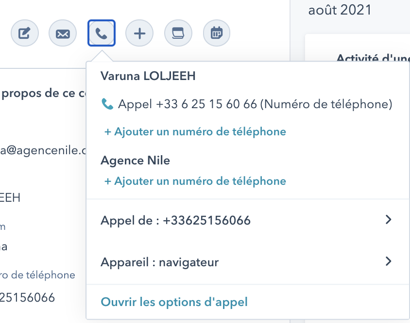 action téléphoner contact Hubspot