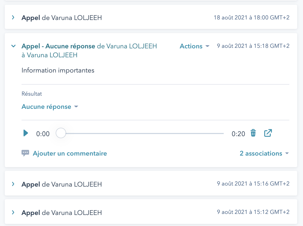 historique appel et enregistrement d'un contact hubspot