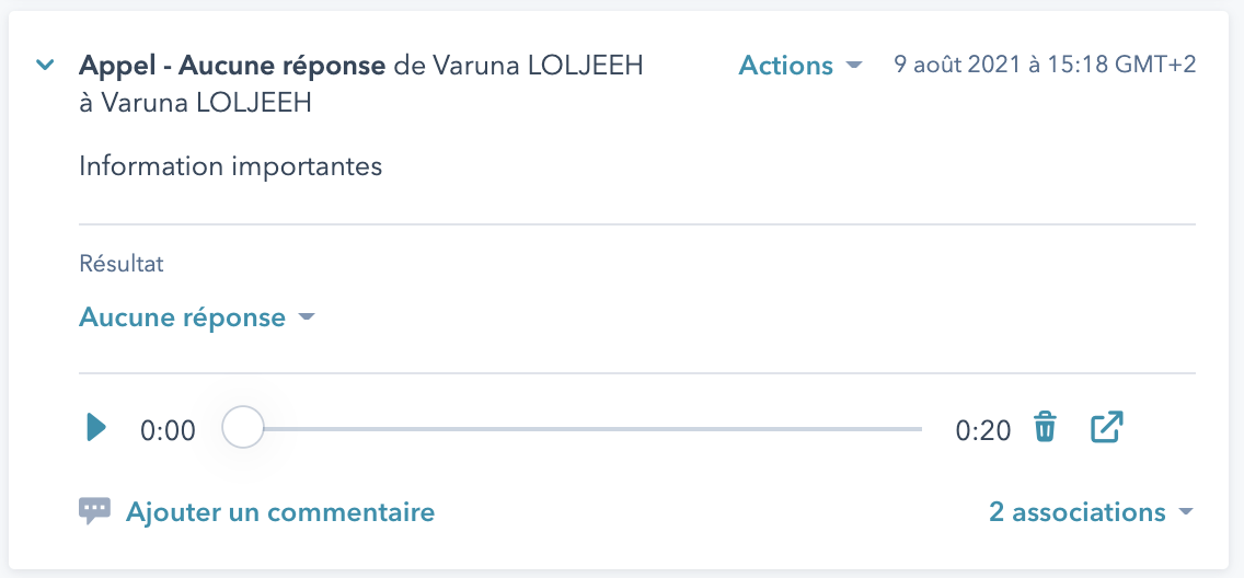 fenêtre d'enregistrement d'appel