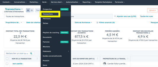Menu Ventes Transactions