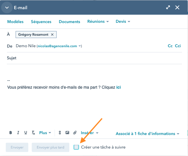 créer une tâche à partir d'un email dans Hubspot