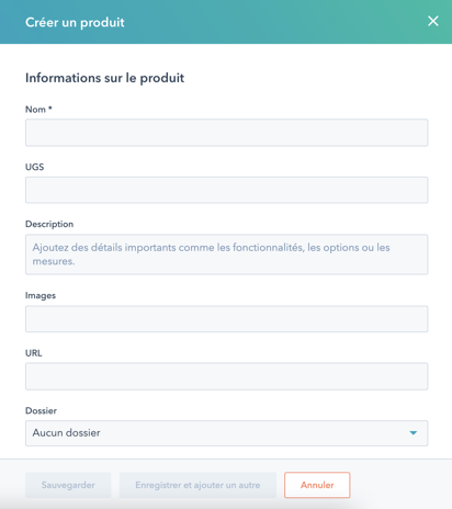 Information nécessaires pour créer un produit HubSpot
