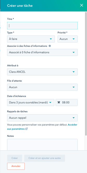 créer une tâche dans le CRM HubSpot