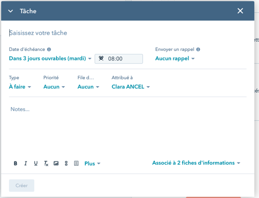 créer tâche dans fiche d'information contact hubspot