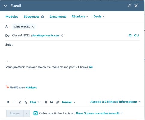 créer une tâche lors de la consignation d'un email dans hubspot crm