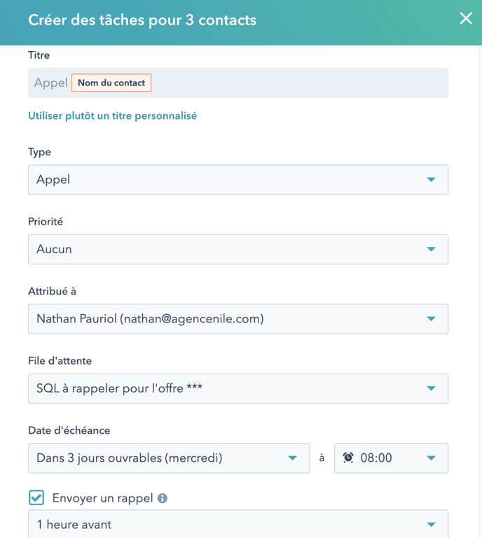 Création de tâche pour des contacts