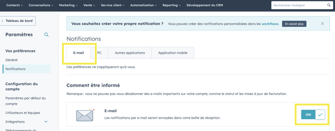 activer les notification e-mail HubSpot
