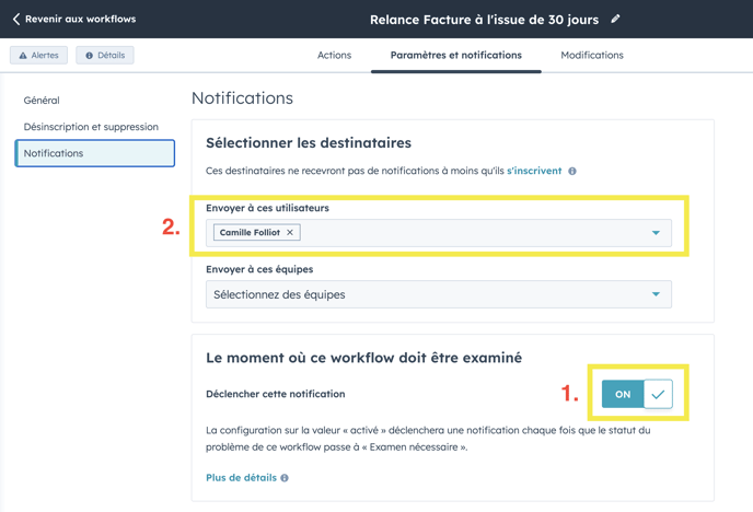 pamétrer son alerte de workflow HubSpot-1