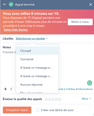 fenêtre d'appel terminé