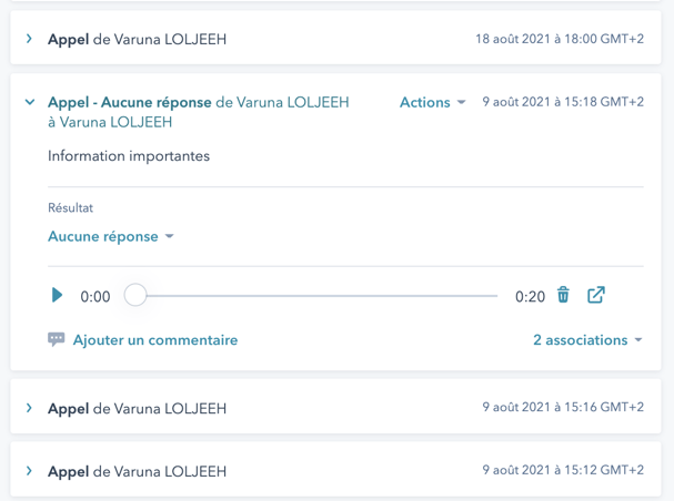 historique appel et enregistrement d'un contact hubspot