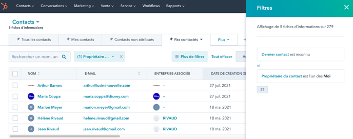 filtre CRM HubSpot pas contactés