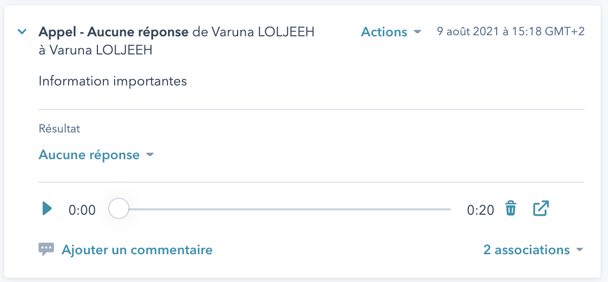 fenêtre d'enregistrement d'appel
