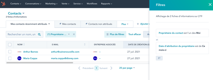 nouveaux contacts filtre HubSpot