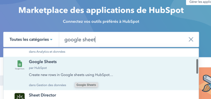 recherche google sheet marketplace HubSpot