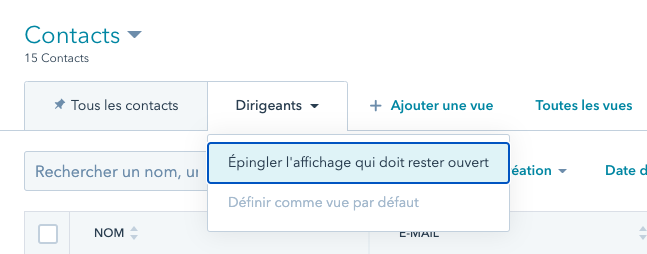 épingler affichage filtre de contacts Hubspot
