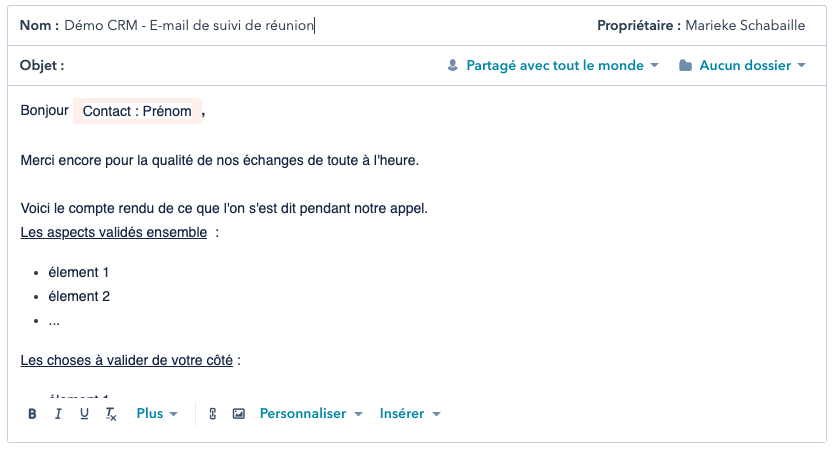 modèle email suivi réunion hubspot 1